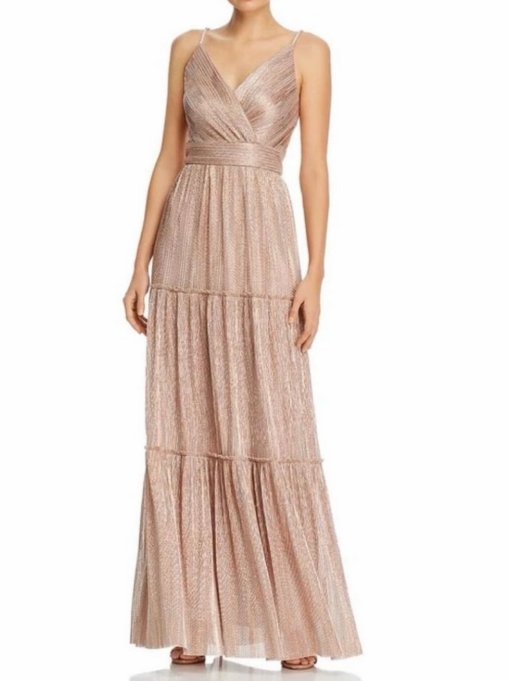 EUC AQUA Bloomingdale's Metallic Blush Tiered Evening Gown Dress 4 Rose Gold